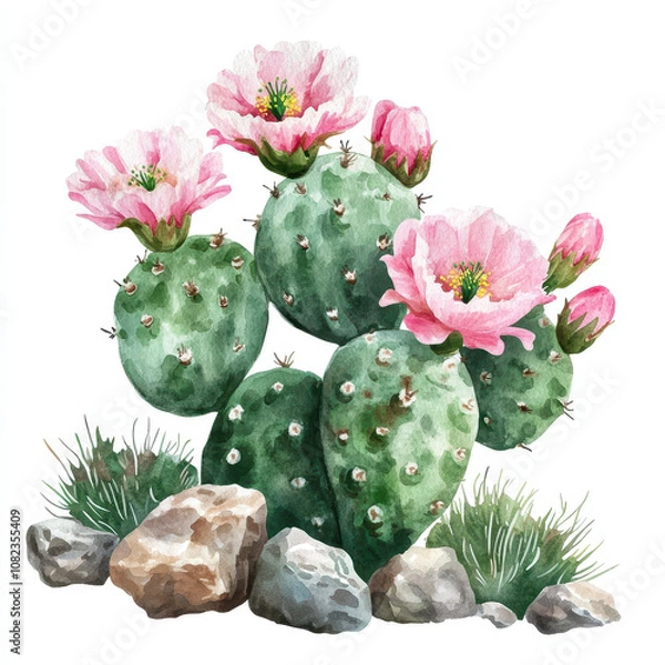 Fototapeta vibrant cactus with pink flowers surrounded by rocks and grass, showcasing beauty of desert flora. This illustration captures essence of nature resilience and charm