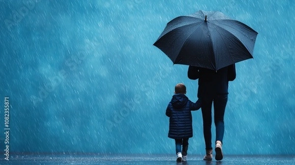 Fototapeta A parent and child walking in the rain under an umbrella close up, focus on, copy space, muted blues and grays, Double exposure silhouette with raindrops