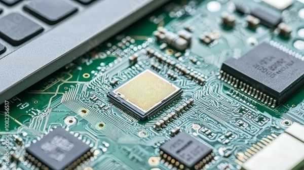 Fototapeta The trade war is affecting global exports,A close-up view of a circuit board showing various electronic components, highlighting intricate details and the connection between technology and design.