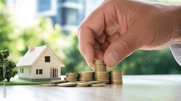 Fototapeta A pair of hands stacking coins next to a model house, with a cityscape visible in the distance, symbolizing careful financial growth through property investments.