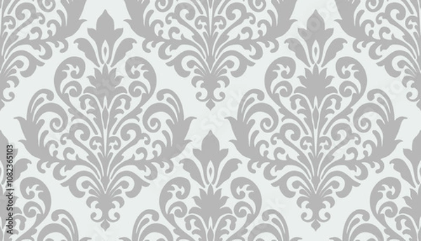 Fototapeta Gray damask floral pattern with detailed ornamental swirls on a light background. Damask seamless pattern.