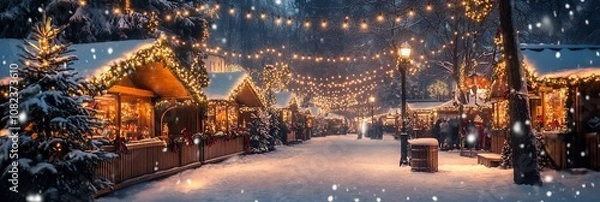 Fototapeta Enchanting Christmas Market with Festive Lights and Snowfall