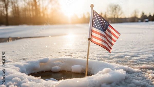 Obraz American Flag on Ice Fishing Hole in Winter Landscape with Snow