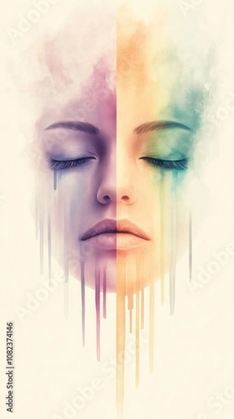Fototapeta Artistic watercolor portrait featuring abstract colorful eyes and lips with vibrant paint drips. Perfect for art, beauty, and expression-themed projects.