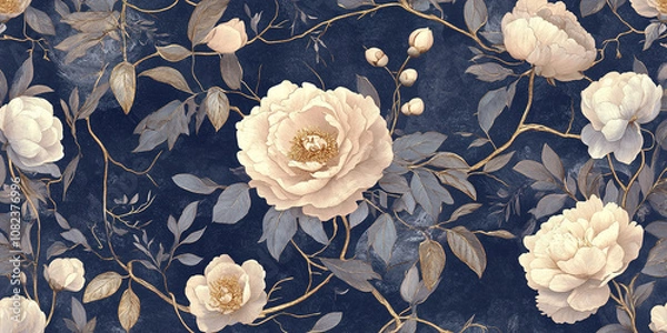 Obraz Vintage-Inspired Floral Pattern in Cream and Gold on Navy Background
