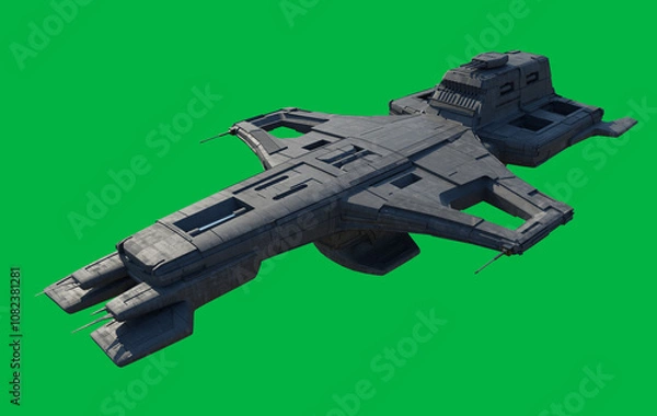 Obraz Medium Space Ship with Rear Mounted Cannon Turret on a Green Sceen Background, Side View, 3d digitally rendered science fiction illustration