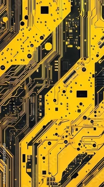 Fototapeta Close-up of a Circuit Board with Yellow and Black Traces