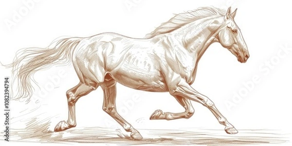 Fototapeta Drawing of a running horse with a flowing mane, isolated on a white background