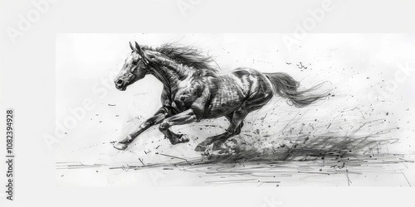 Fototapeta Drawing of a running horse with a flowing mane, isolated on a white background