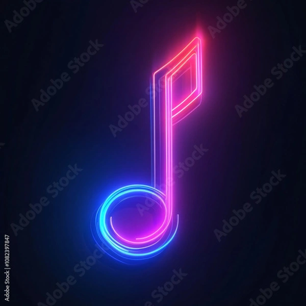 Fototapeta A glowing neon music note in vibrant pink and blue hues against a dark background, creating a modern, electric vibe