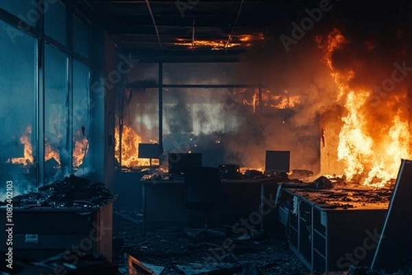 Fototapeta A view from inside a burning office, flames licking walls, thick smoke clouding the air, contrasting with the bright fire, close-up on charred debris 1