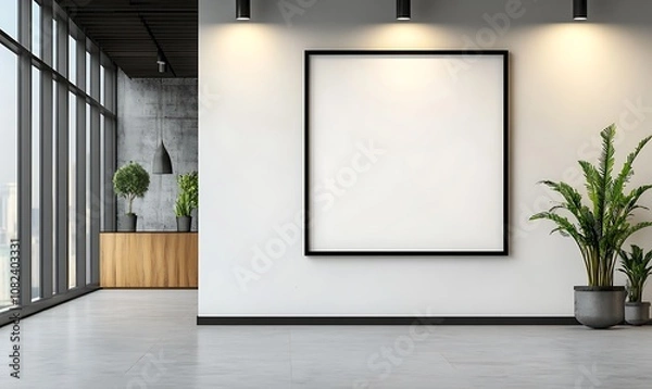 Fototapeta A modern interior space with a blank frame, plants, and large windows.