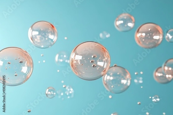 Fototapeta Transparent bubbles floating on a turquoise background: a microscopic visualization