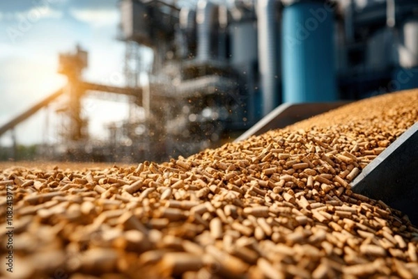 Fototapeta Transforming biomass feedstock into renewable energy industrial plant energy production outdoor environment wide angle sustainable systems
