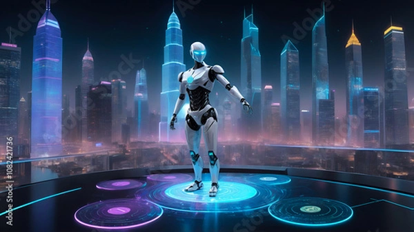 Fototapeta Futuristic AI robot at a digital marketplace, with streams of blockchain data flowing around it. Glowing digital coins are being analyzed in real-time
