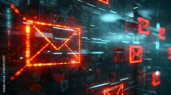Fototapeta Email technology icon, junk mail compromised information, new email notifications and internet communication concept, email inbox alert and spam virus with warning, and email security protection alert