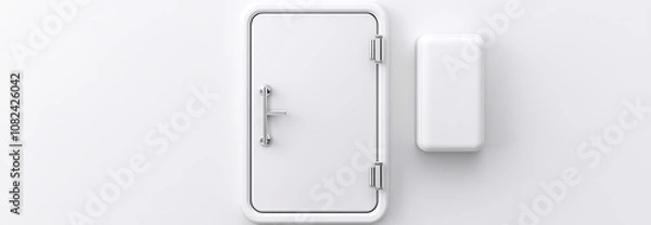 Fototapeta Bank vault with open and closed safe door. A realistic interior of the vault with a round steel door and a silver metal wall for storing deposits in safety. A bank safe with a dial lock for securing