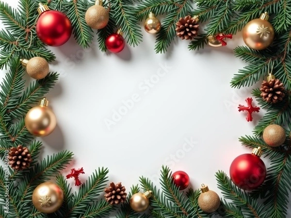 Fototapeta Evergreen branches surround a blank space, adorned with red and gold ornaments, pine cones, and small festive accents, creating a cozy holiday atmosphere. Copyspace