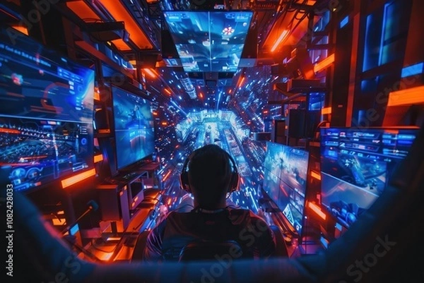 Fototapeta e sport EVENT live streamingA gamer immersed in a high-tech environment, surrounded by multiple screens displaying vibrant, digital graphics and immersive light effects.