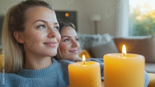 Obraz Two Women Relaxing Together with Yellow Candles in Cozy Living Room Setting, Enjoying Warm Atmosphere and Intimate Conversation Moments