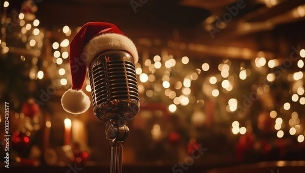 Obraz microphone in a Christmas hat