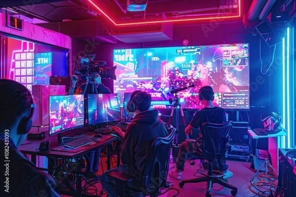 Fototapeta e sport EVENT live streamingA vibrant gaming setup featuring players engaged in a competitive environment, illuminated by colorful neon lights and multiple screens displaying gameplay.