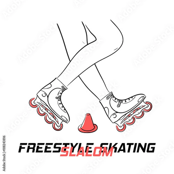 Obraz Two legs of roller with inline skates doing figure of freestyle slalom skating and title Freestyle Slalom Skating, vector illustration