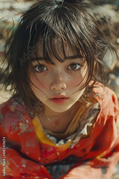 Fototapeta Close-up of an Asian girl with messy, short hair, wearing colorful and surrounded by garbage in the background