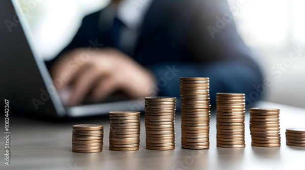 Obraz A stack of coins on a table with a person or investor typing on a laptop. Long-term investment and growing returns. Money Management.