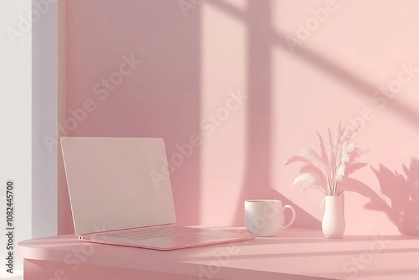 Fototapeta A minimalist photo of a table with an  laptop, a cup of coffee, and a planner, set against a backdrop of soft, muted colors, creating a clean and peaceful workspace.