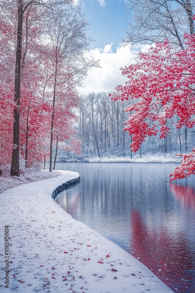 Fototapeta View of lake in winter with path and pink tree in a heavy snow