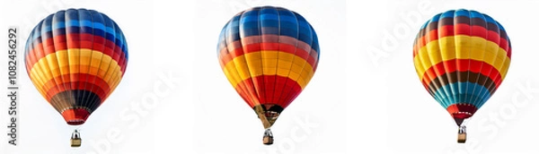 Fototapeta Three colorful hot air balloons are arranged in a row against a plain white background.