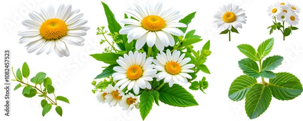 Fototapeta Chamomile Bouquet: A collection of delicate chamomile flowers and vibrant green leaves, perfect for adding a touch of nature's beauty to your designs.