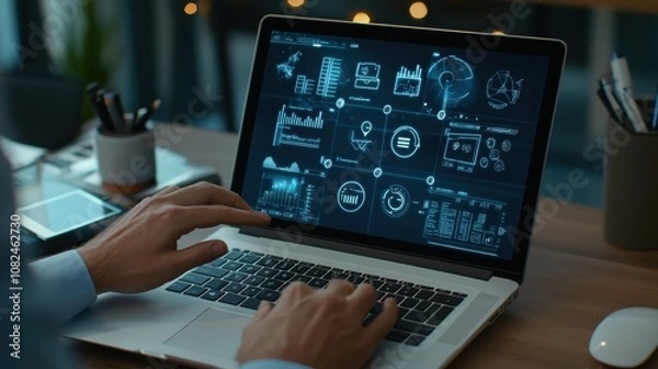 Fototapeta Close-up of a laptop with virtual SOP icons for sequence, quality, and workflow as a businessman navigates the interface in a modern office