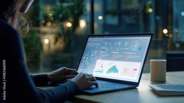 Obraz Business professional looking at a laptop displaying floating SOP icons for streamlined workflow and quality standards, symbolizing productivity.