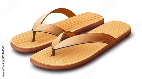 Fototapeta A pair of brown wooden flip-flops with a simple design, perfect for casual wear and beach outings.