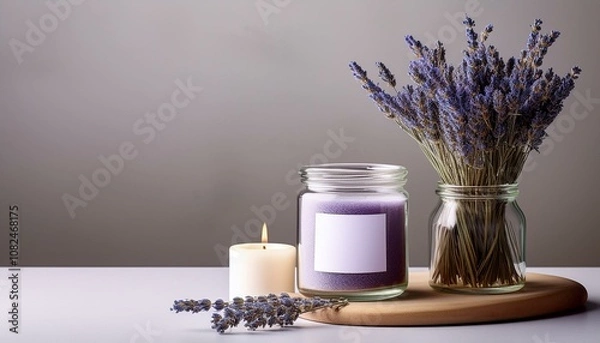 Obraz dry lavender in a small vase and glass candle with empty label