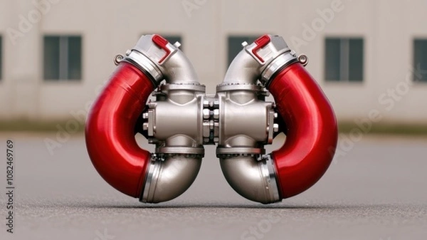 Fototapeta Close-up of a turbocharger system. Industrial Red and Silver Pipe Assembly with Flanges Positioned on Factory Floor, Showcasing Mechanical Engineering and Precision Craftsmanship