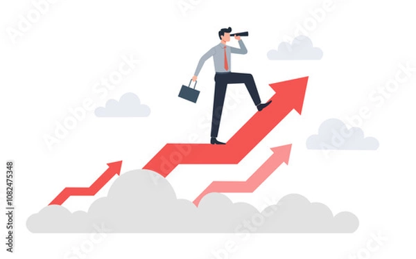 Fototapeta Businessman climbing growth chart with binoculars, symbolizing success and ambition. upward arrows represent progress and opportunity in competitive market