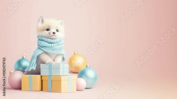 Obraz A cute little white arctic fox in warm winter clothes standing and looking out of gift boxes. Pastel colors. Abstract Christmas concept.
