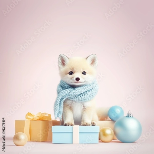 Obraz A cute little white arctic fox in warm winter clothes standing and looking out of gift boxes. Pastel colors. Abstract Christmas concept.

