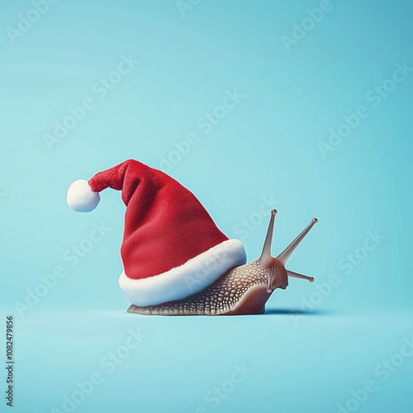Obraz A cute little snail with a santa's hat  on blue pastel background. Abstract minimal Christmas concept.
