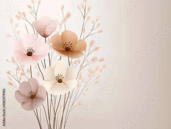 Fototapeta Minimalist floral arrangement featuring soft pastel flowers in cream, pink, and beige tones, creating serene and elegant atmosphere