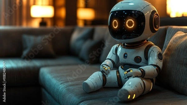 Fototapeta An android sitting quietly on a sleek futuristic couch in a dimly lit modern living room