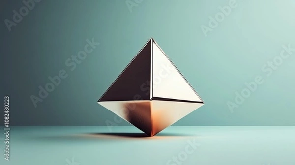 Fototapeta A Shiny Metallic Pyramid Resting on a Teal Surface
