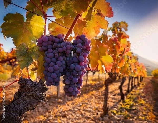 Fototapeta a luscious bunch of grapes hangs amidst colorful vine foliage representing the vineyard s fruitfulness and the promise of an abundant harvest season ahead in la rioja spain