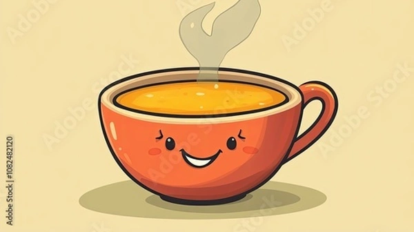 Obraz A Smiling Orange Mug with Steam and Yellow Liquid Inside