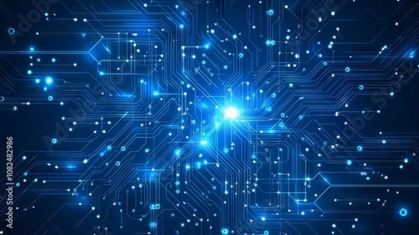 Fototapeta Abstract blue technology vector illustration background with geometric patterns and digital circuit design for modern digital media and tech projects
