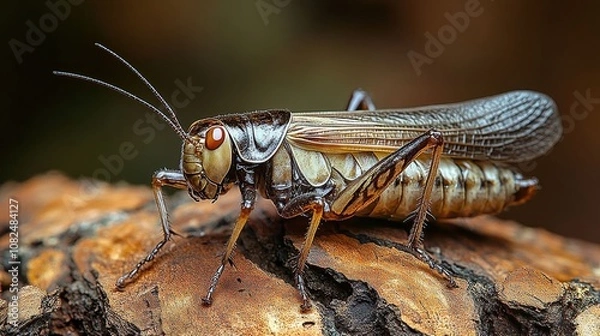 Fototapeta Macro shot of a cricket on bark