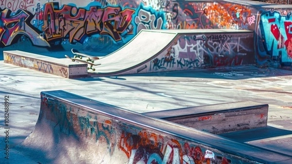 Obraz A vibrant skateboarding park with ramps and rails, Skateboards neatly lined up, Urban street style